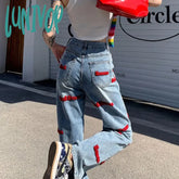 Lunivop Women Y2K Hip Hop Letter Embroidery Straight-Leg Jeans Vintage Straight Baggy Denim Pants